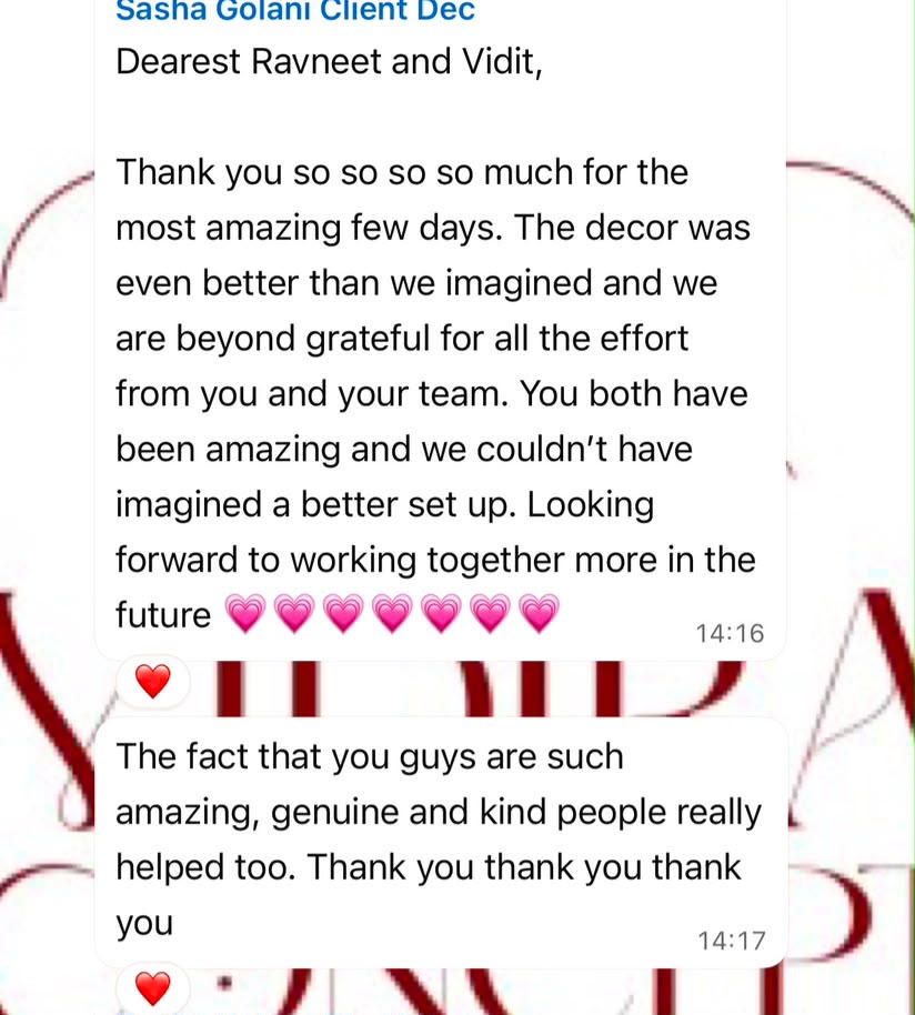 Client testimonial message from Sasha Golani