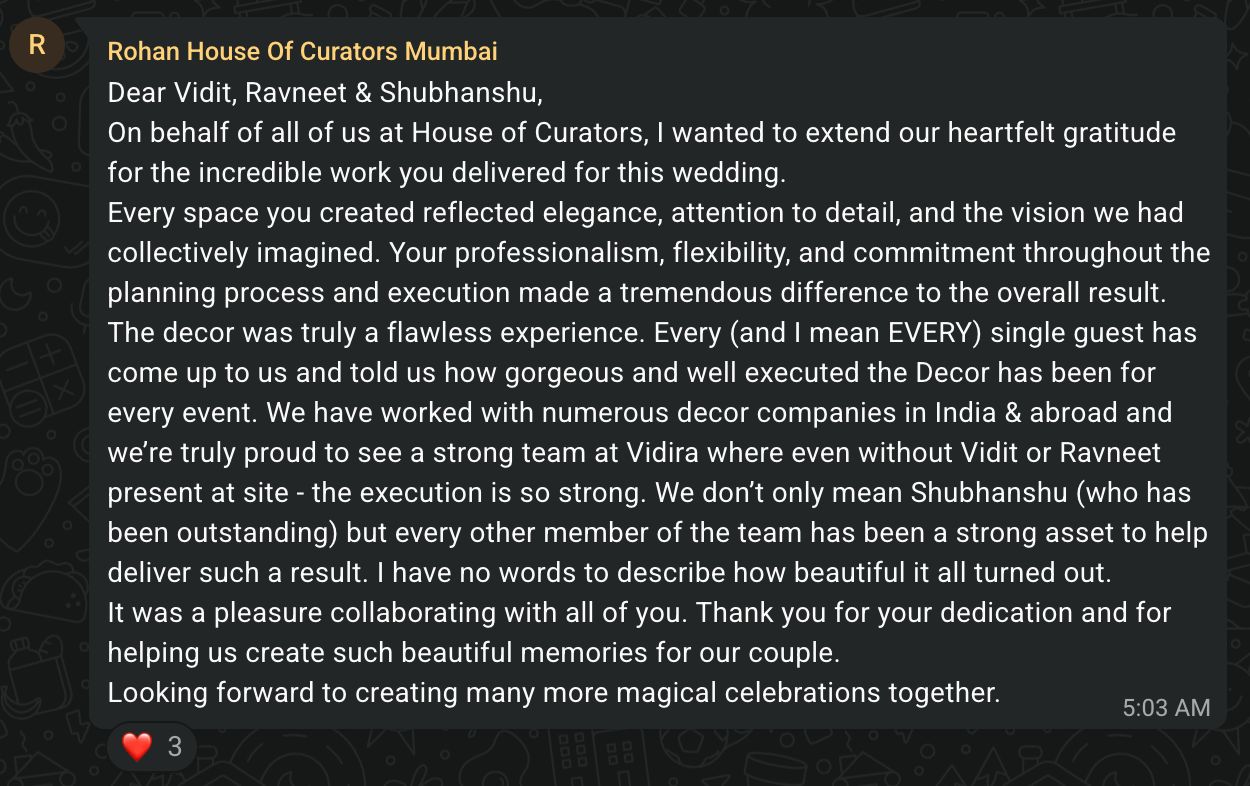 Client testimonial message from House of Curators
