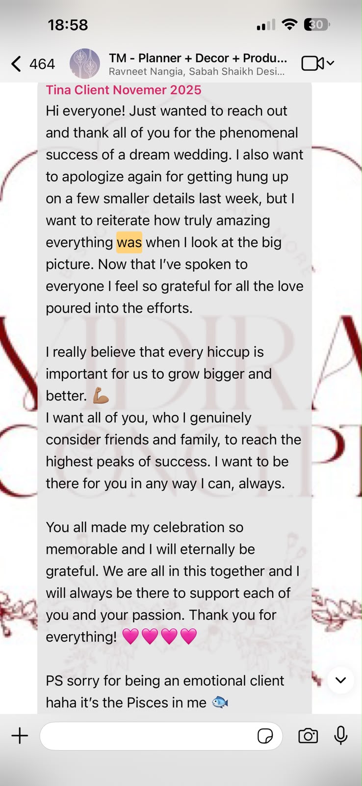 Client testimonial message from Tina
