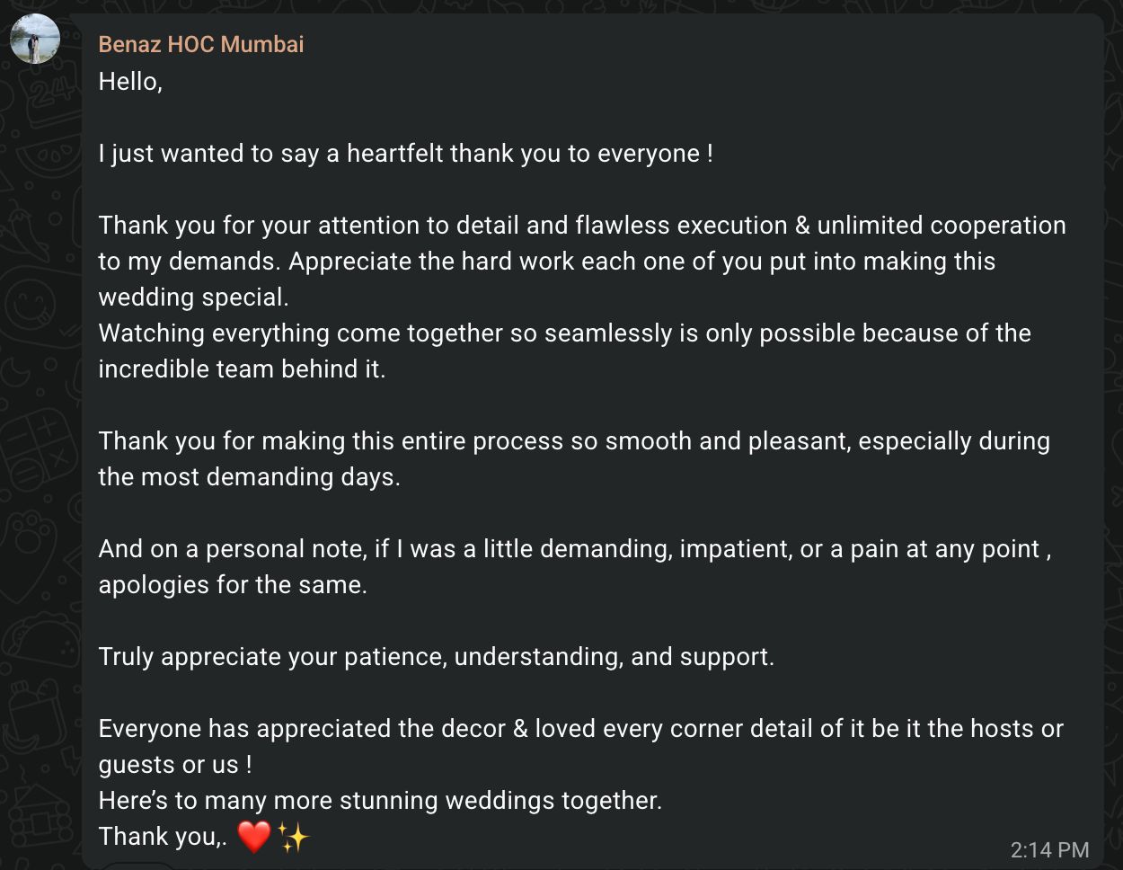 Client testimonial message from Benaz