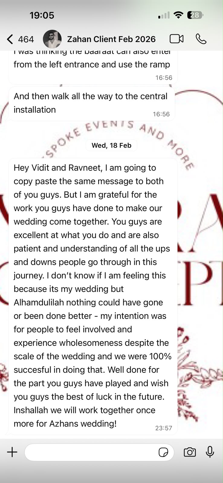 Client testimonial message from Zahan