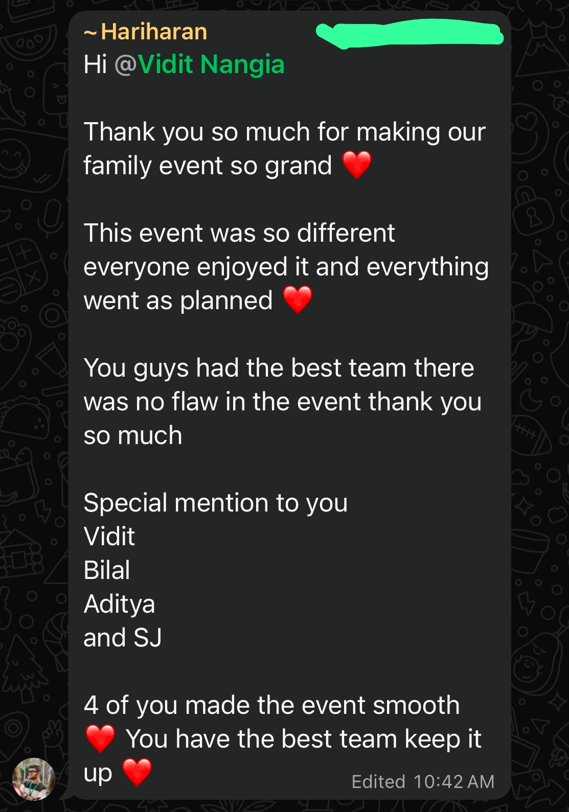 Client testimonial message from Hariharan
