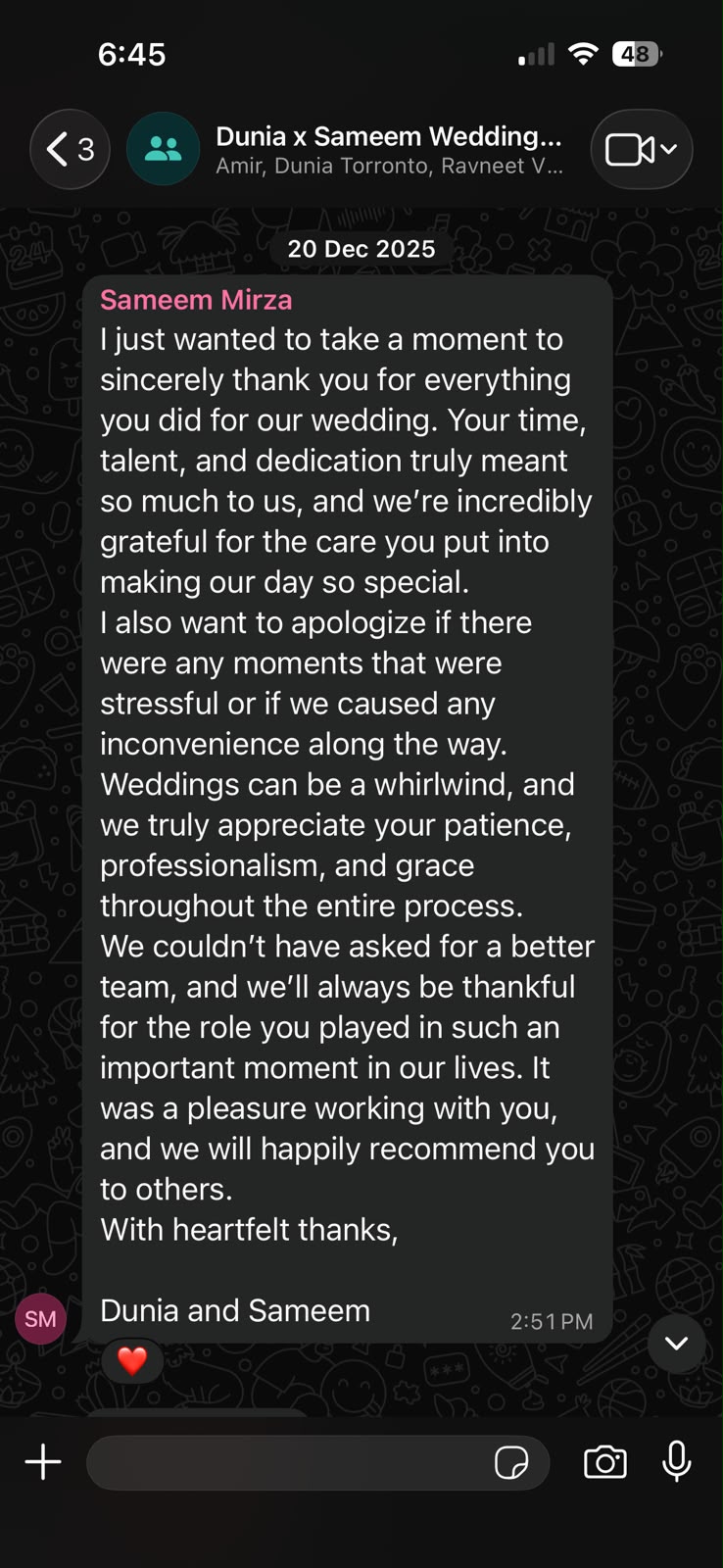 Client testimonial message from Dunia & Sameem