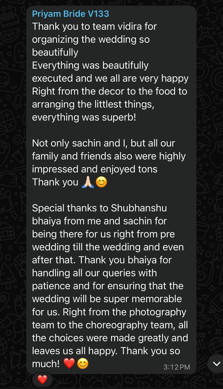 Client testimonial message from Priyam