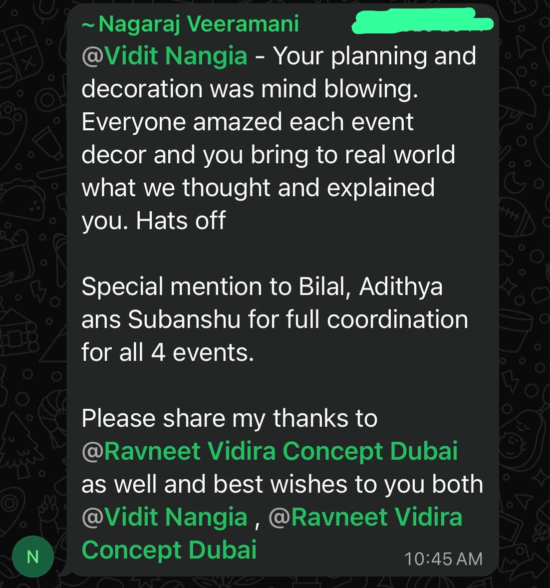 Client testimonial message from Nagaraj Veeramani