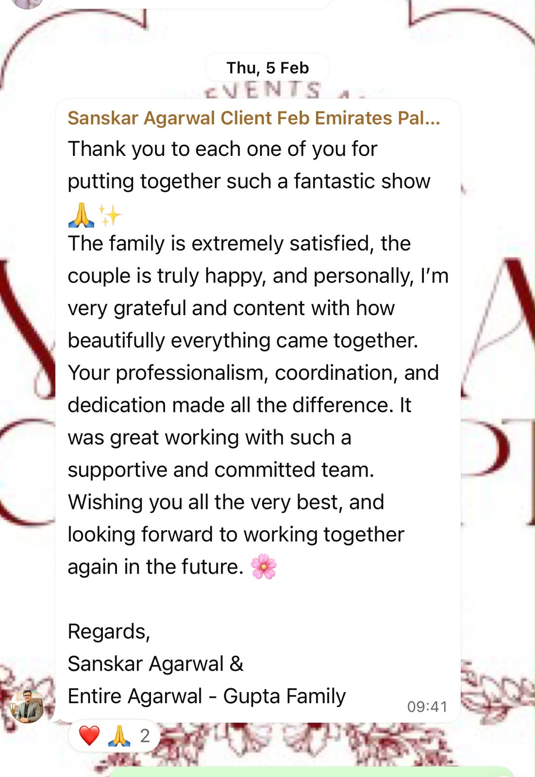 Client testimonial message from Sanskar Agarwal